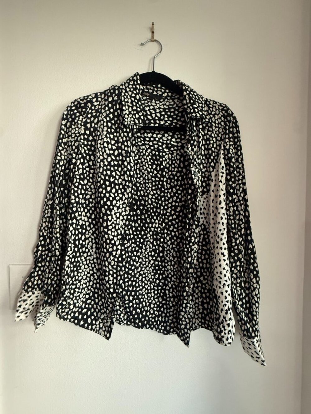 Maje Black White Heart Print Cupro Shirt Sz 1 Button Up